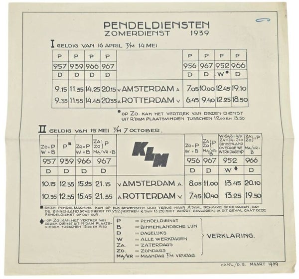 Document – KLM Pendeldiensten zomerdienst Maart (1939)