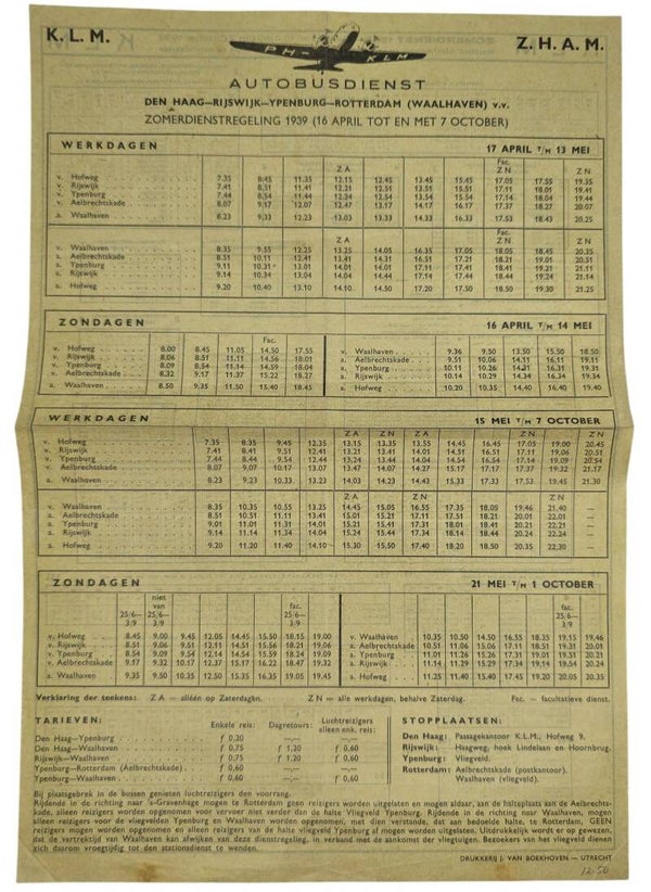 Document – KLM Autobusdienst zomerdienstregeling Den Haag–Rotterdam (1939)