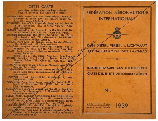 Document – KNVvL Identiteitskaart van luchttourist (1939)