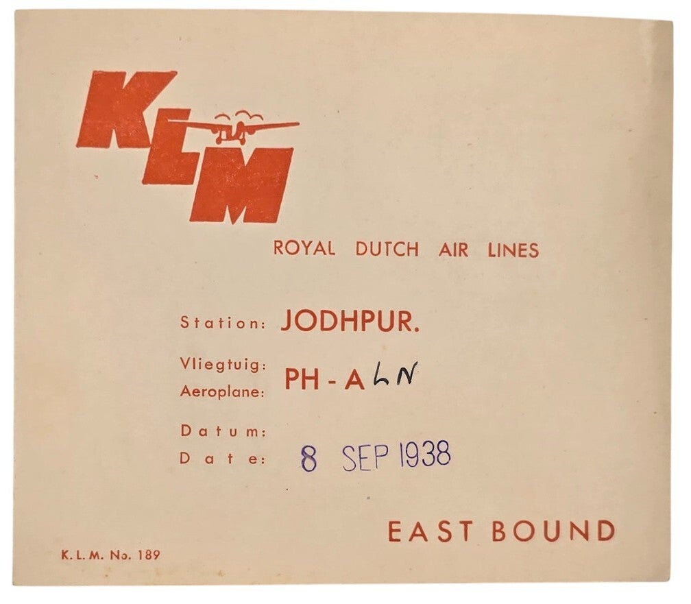 Document – KLM vluchtregistratie Jodhpur (1938)