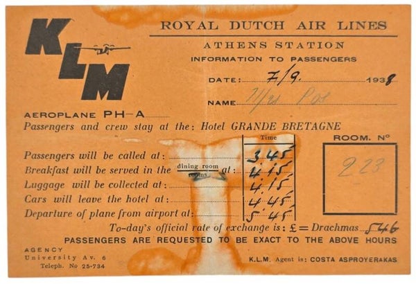 Document – KLM Athens Station: Information to Passengers, Mary Pos (1938)