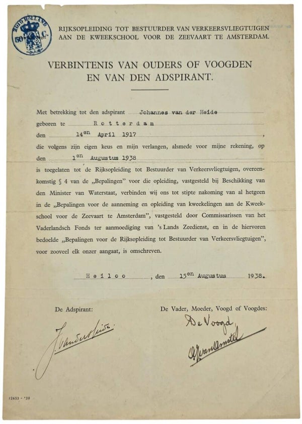 Document – Vrijwaringsverklaring Rijksopleiding bestuurder verkeersvliegtuigen, Heiloo (1938)