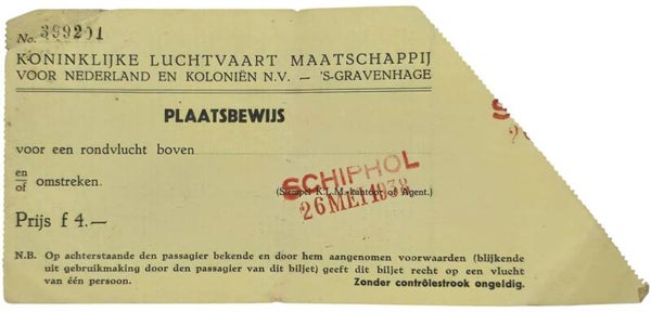 Document – KLM Plaatsbewijs rondvlucht, Mei (1938)