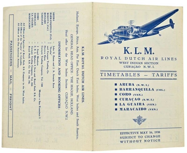Flyer – KLM Timetables – Tariffs West Indian Section, Mei (1938)