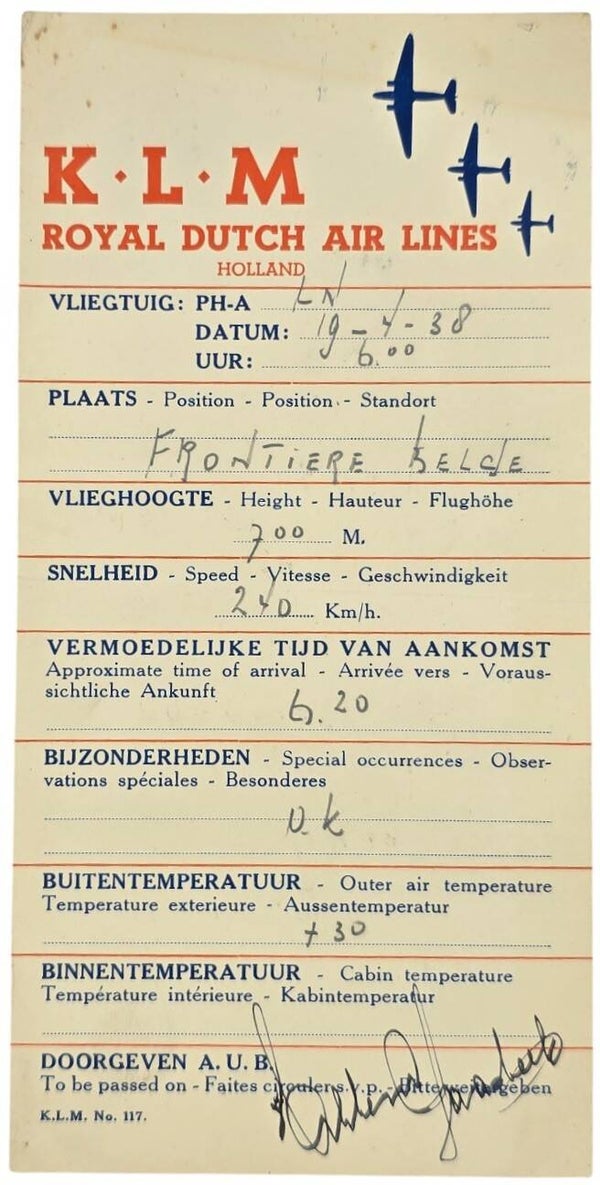 Document – KLM vluchtbericht / vluchtinformatiekaart (1938)