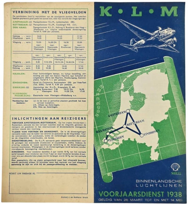 Flyer - Dienstregeling  Binnenlandsche Luchtlijnen, Voorjaarsdienst, Maart Mei (1938)