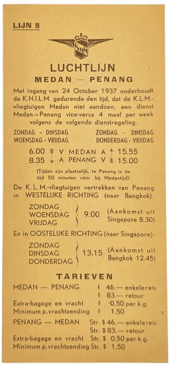 Flyer - Dienstregeling  Lijn 8: Luchtlijn Medan–Penang (1937)