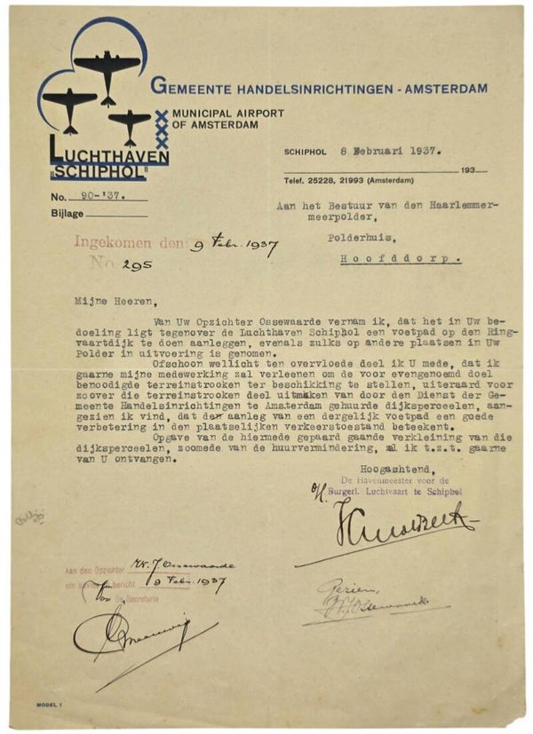 Document – Gemeente Handelsinrichtingen Amsterdam / Luchthaven Schiphol (1937)
