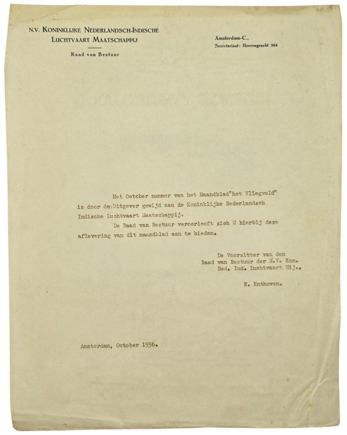 Document – Aanbiedingsbrief maandblad Het Vliegveld KNILM nummer, E. Enthoven (1936)