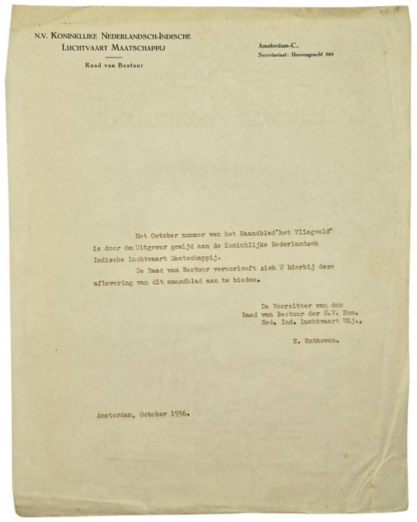 Document – Aanbiedingsbrief maandblad Het Vliegveld KNILM nummer, E. Enthoven (1936)