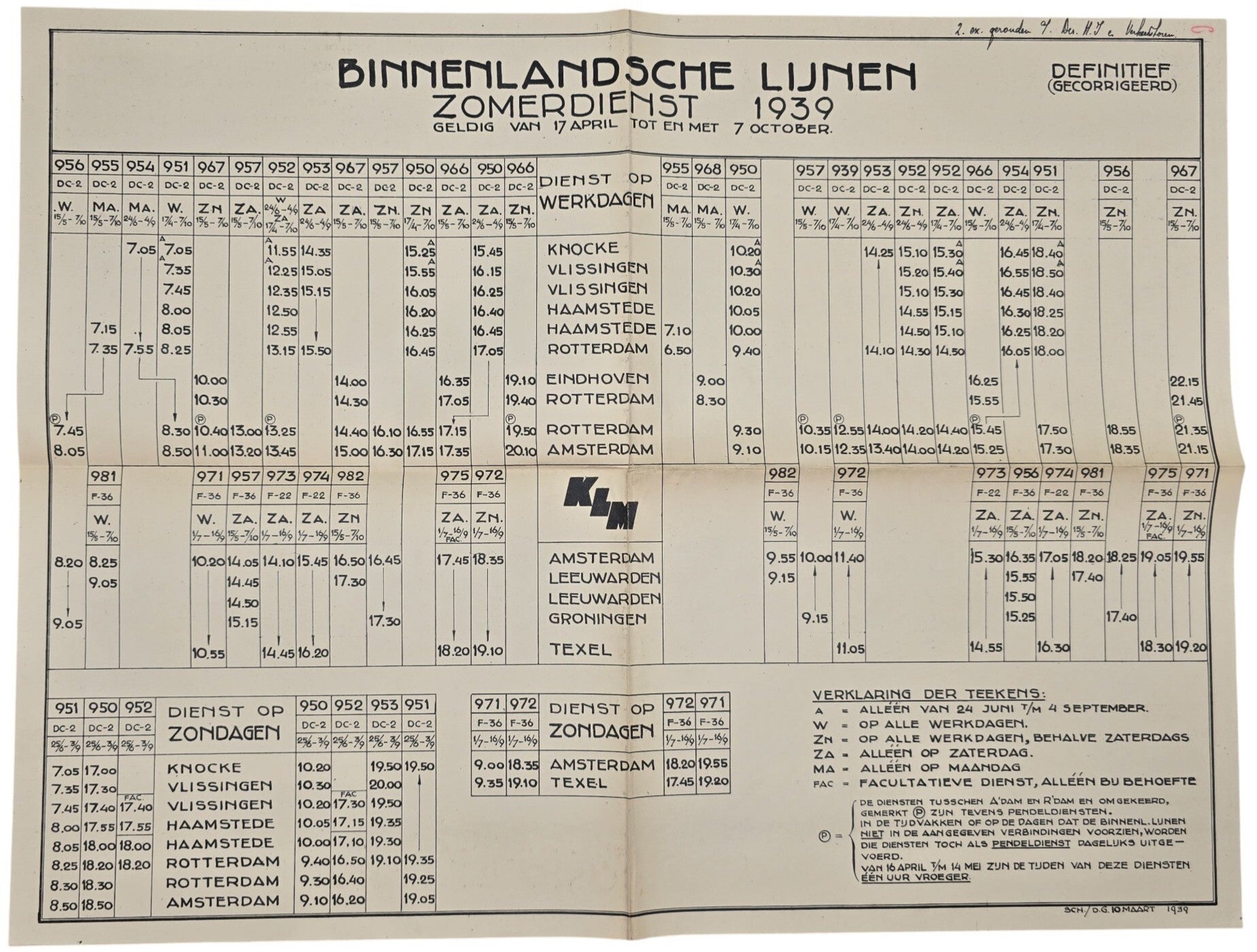 Document – KLM Binnenlandsche Lijnen Zomerdienst April October (1939)
