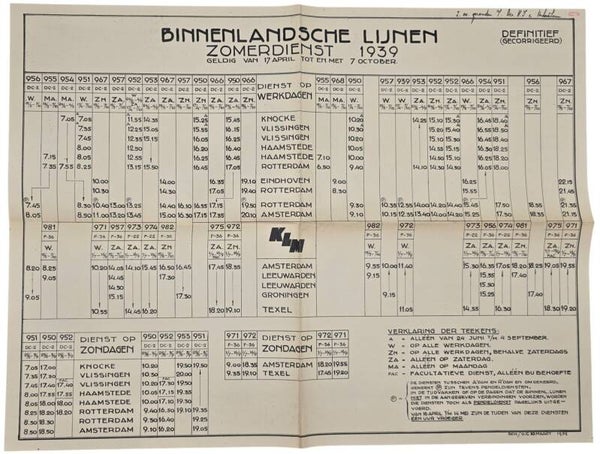 Document – KLM Binnenlandsche Lijnen Zomerdienst April October (1939)