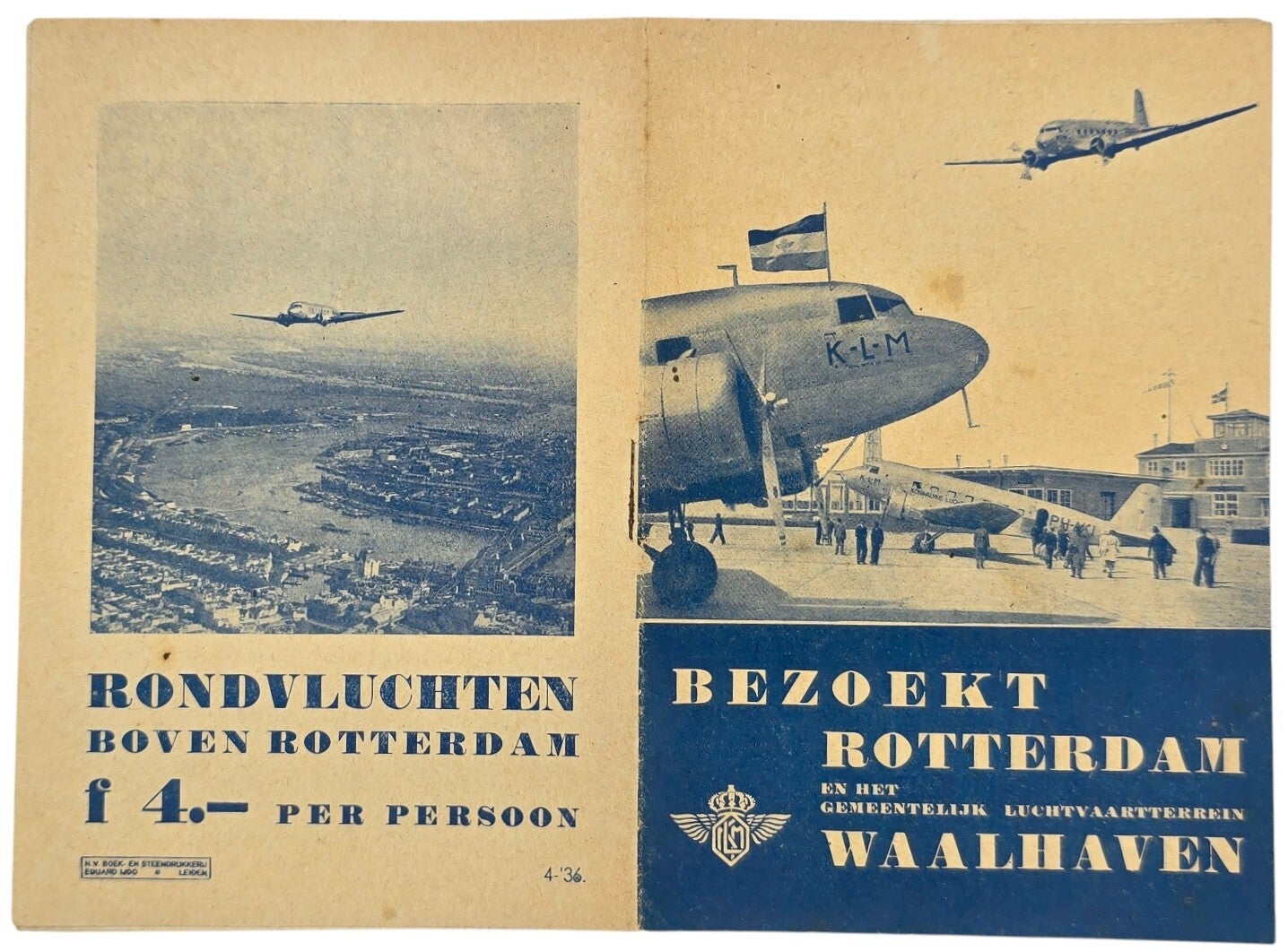 Flyer – Bezoekt Rotterdam en het gemeentelijk luchtvaartterrein Waalhaven, Blauw (1936)