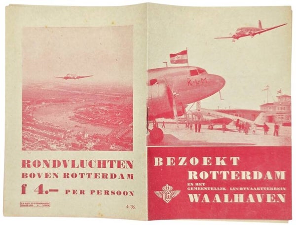 Flyer – Bezoekt Rotterdam en het gemeentelijk luchtvaartterrein Waalhaven, Roze (1936)