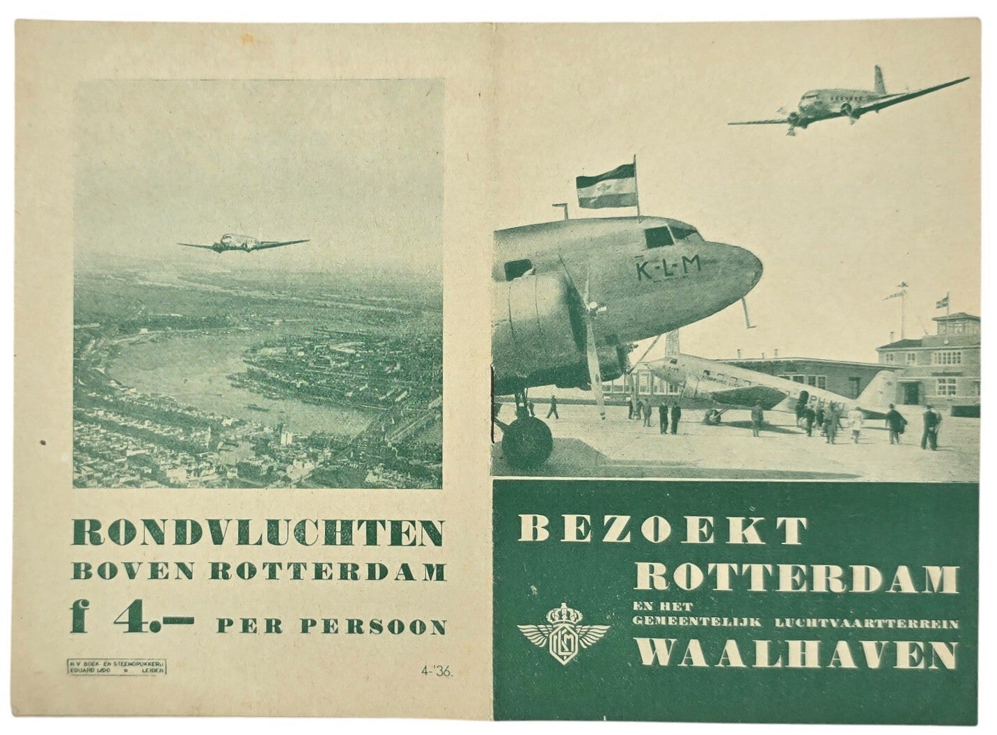Flyer – Bezoekt Rotterdam en het gemeentelijk luchtvaartterrein Waalhaven, Groen (1936)