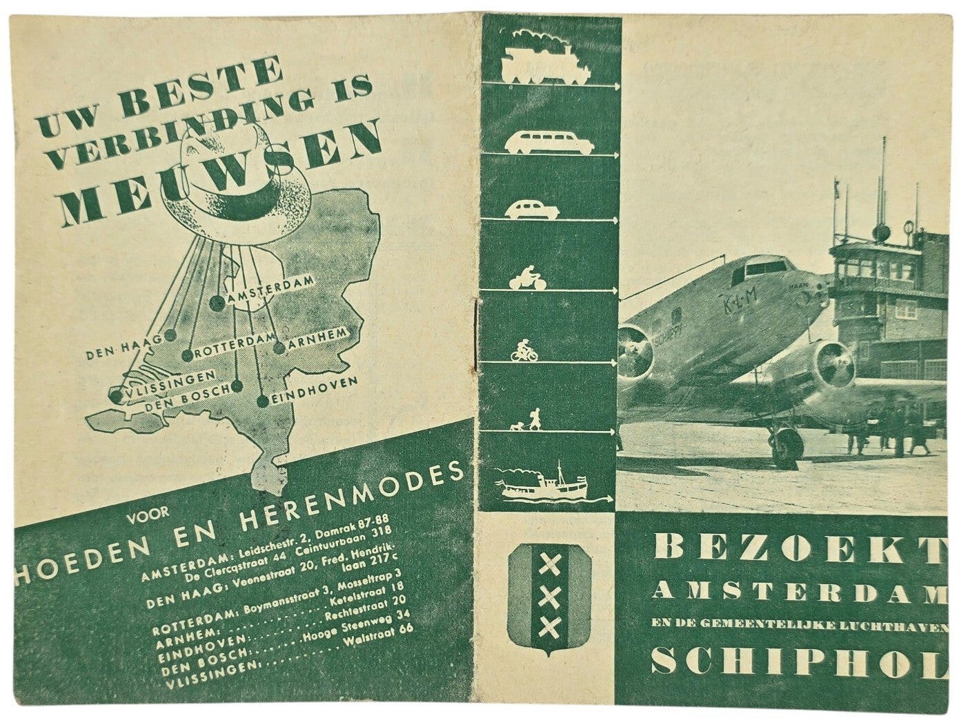 Flyer – Bezoekt Amsterdam en de gemeentelijk luchthaven Schiphol, Groen (1936)