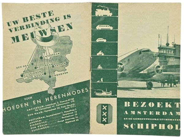Flyer – Bezoekt Amsterdam en de gemeentelijk luchthaven Schiphol, Groen (1936)