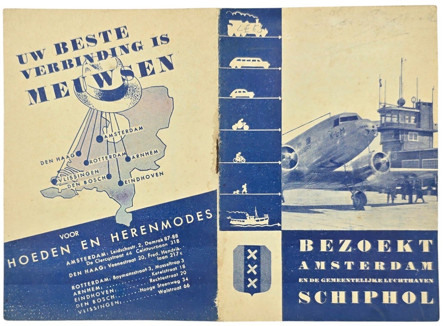 Flyer – Bezoekt Amsterdam en de gemeentelijk luchthaven Schiphol, Blauw(1936)