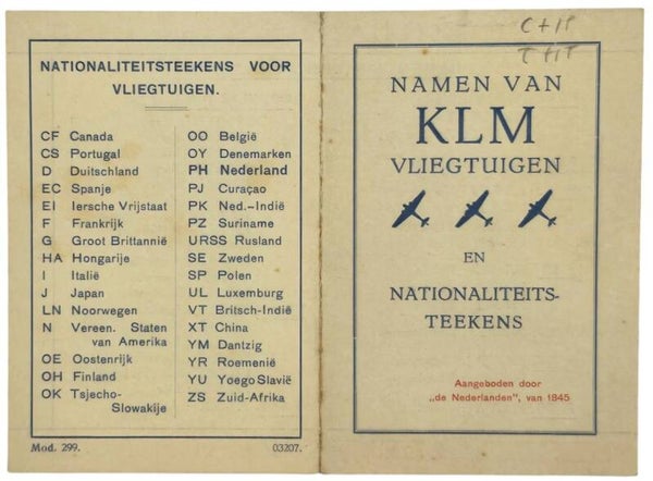 Document – Namen van KLM vliegtuigen en nationaliteitstekens (1936)