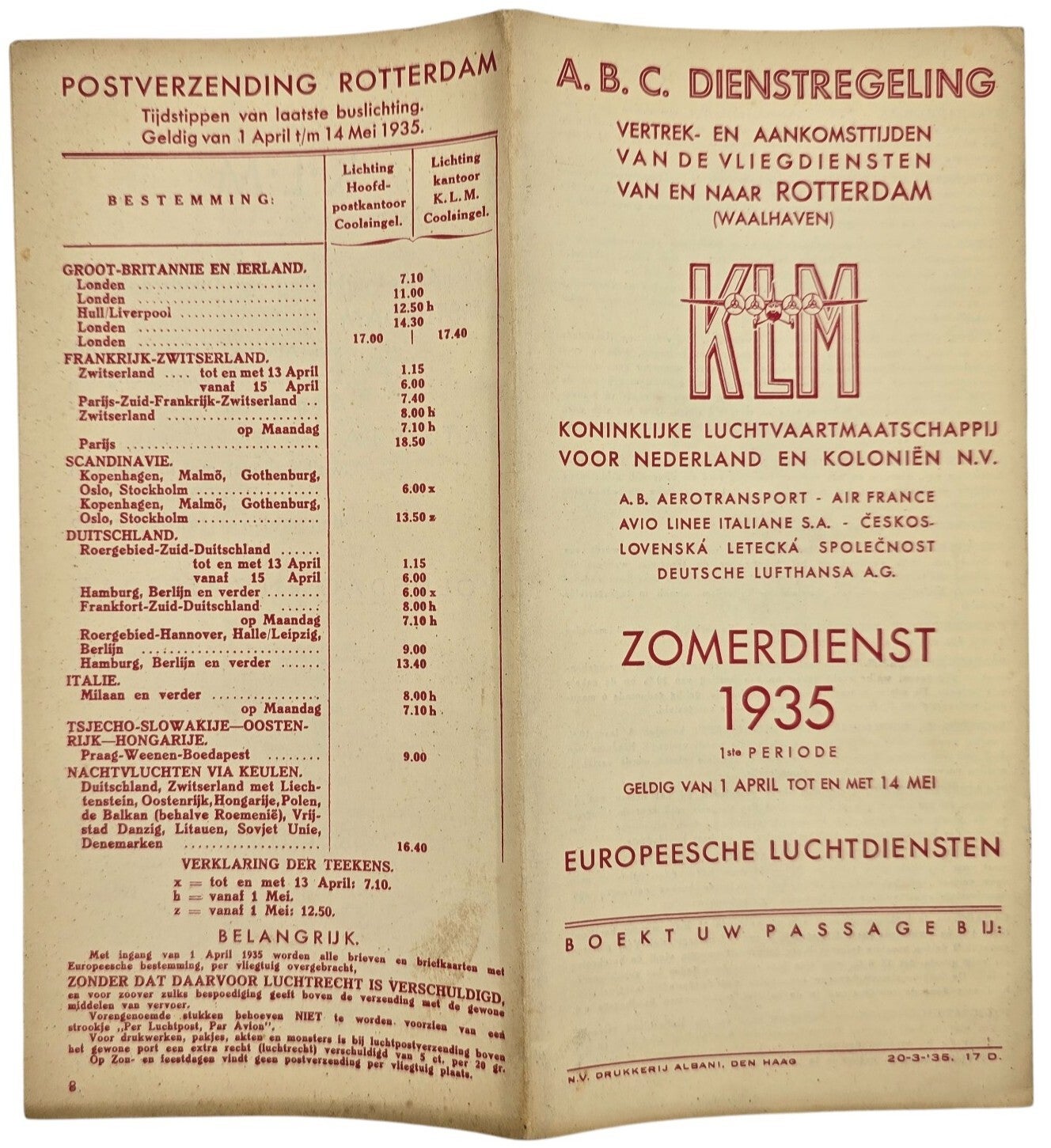 Flyer – KLM Zomerdienst dienstregeling April Mei (1935)