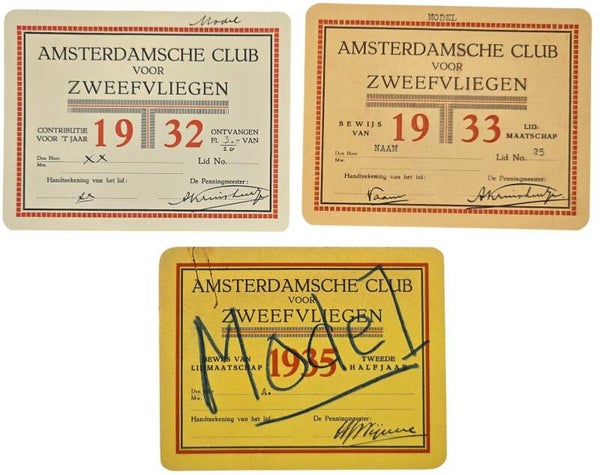 Document – Lidmaatschapsbewijzen Amsterdamsche Club voor Zweefvliegen (1932 1933 1935)