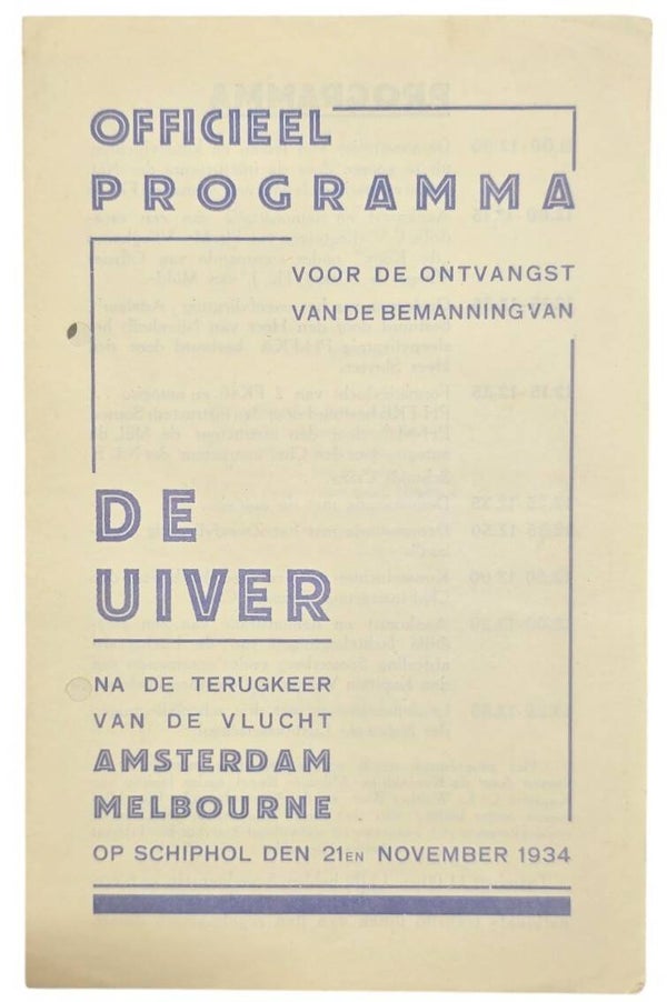 Flyer – Officieel programma voor de ontvangst van de bemanning van de Uiver, Melbourne Race (1934)