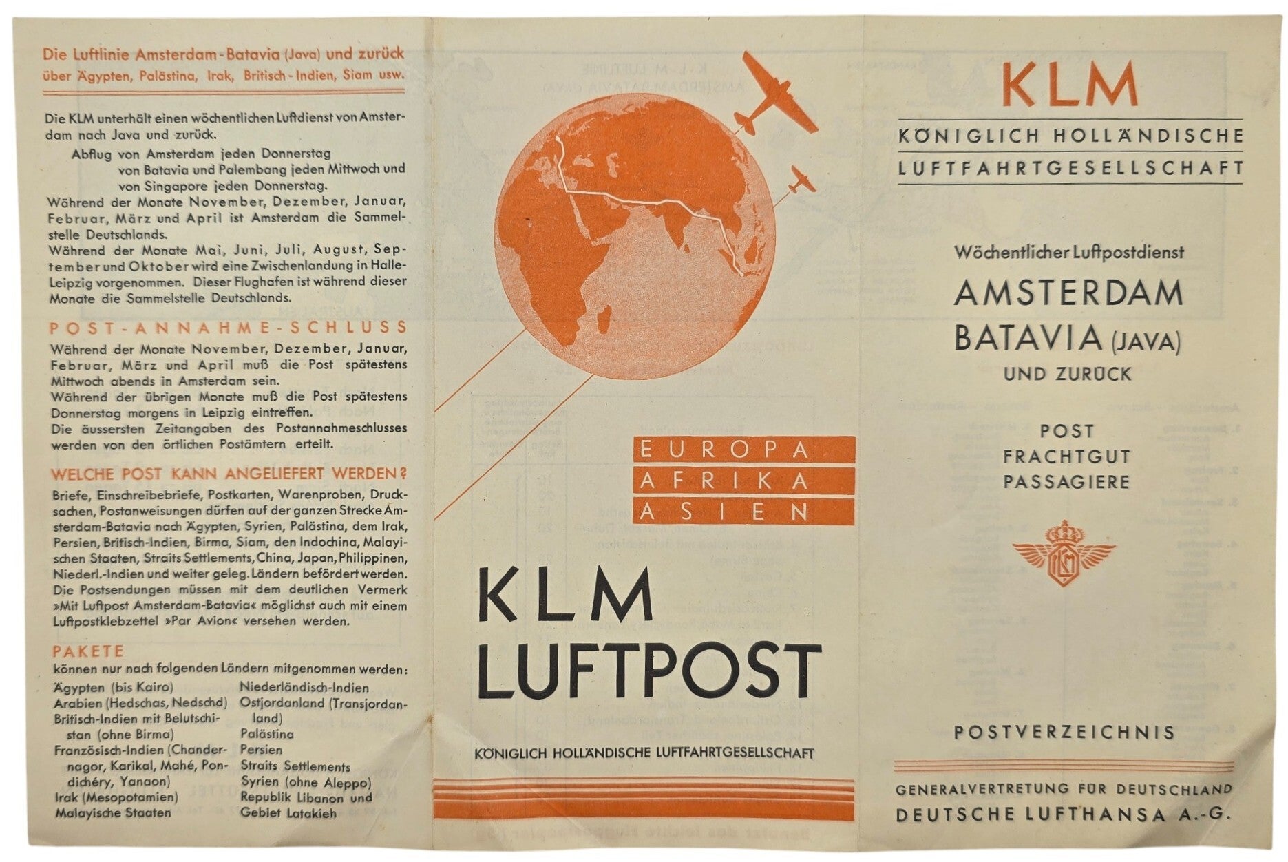 Flyer – KLM Luftpost Amsterdam–Batavia Postverzeichnis (1935)