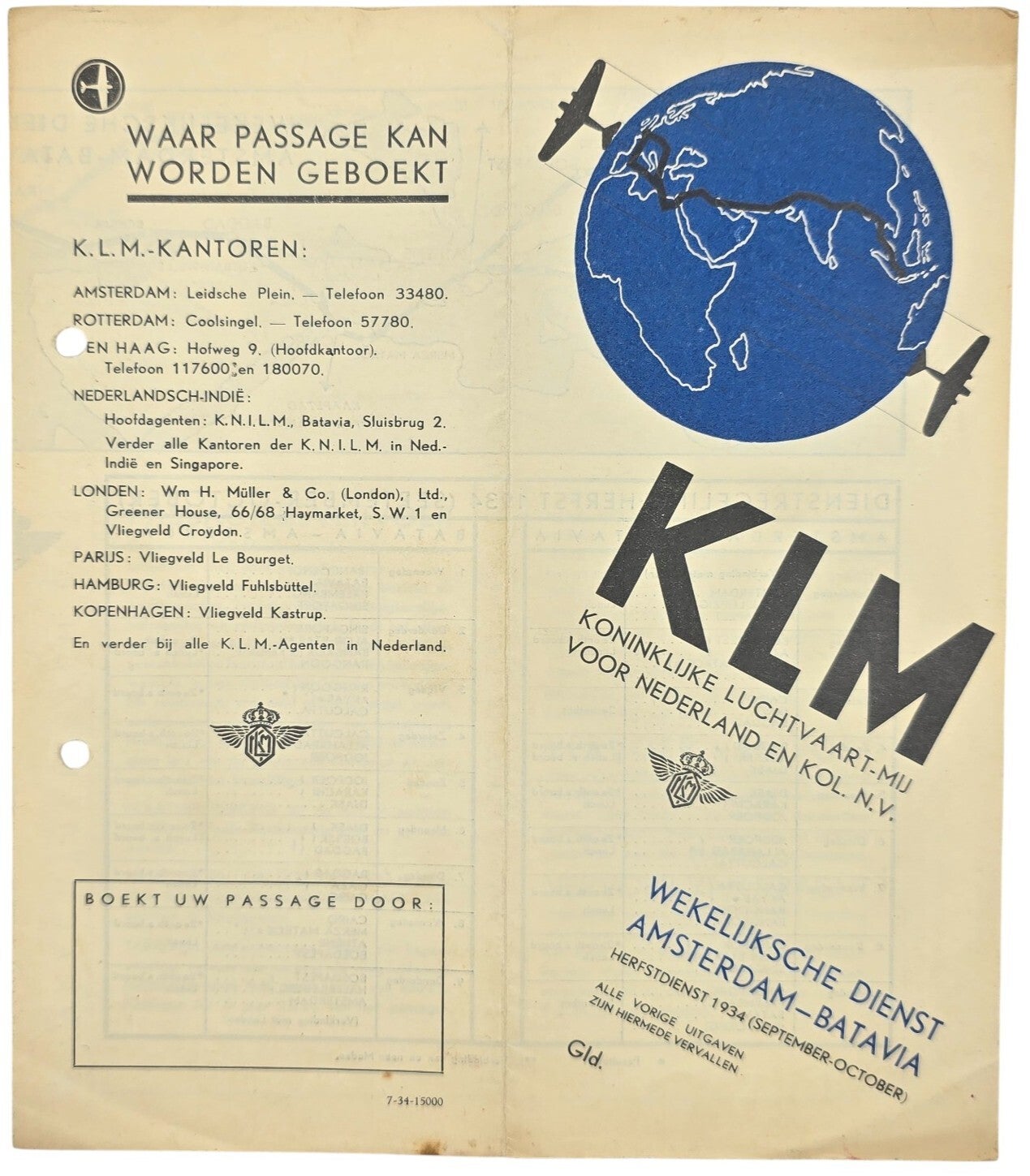 Flyer – KLM Herfstdienst Amsterdam Btavia (1934)
