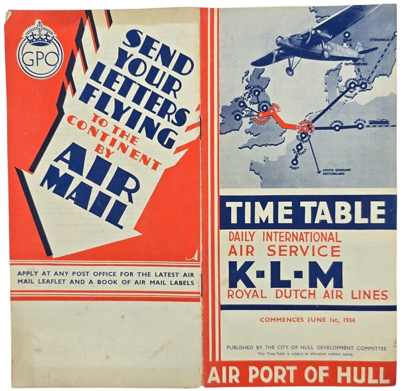 Flyer – KLM Time Table Airport of Hull (1934)