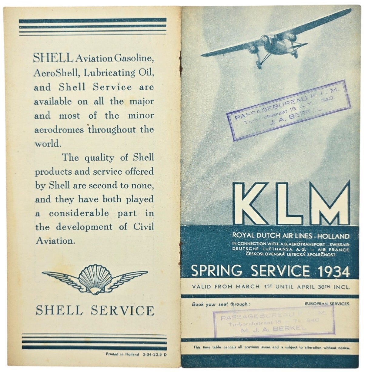 Flyer – KLM Time Table Spring Service March April (1934)