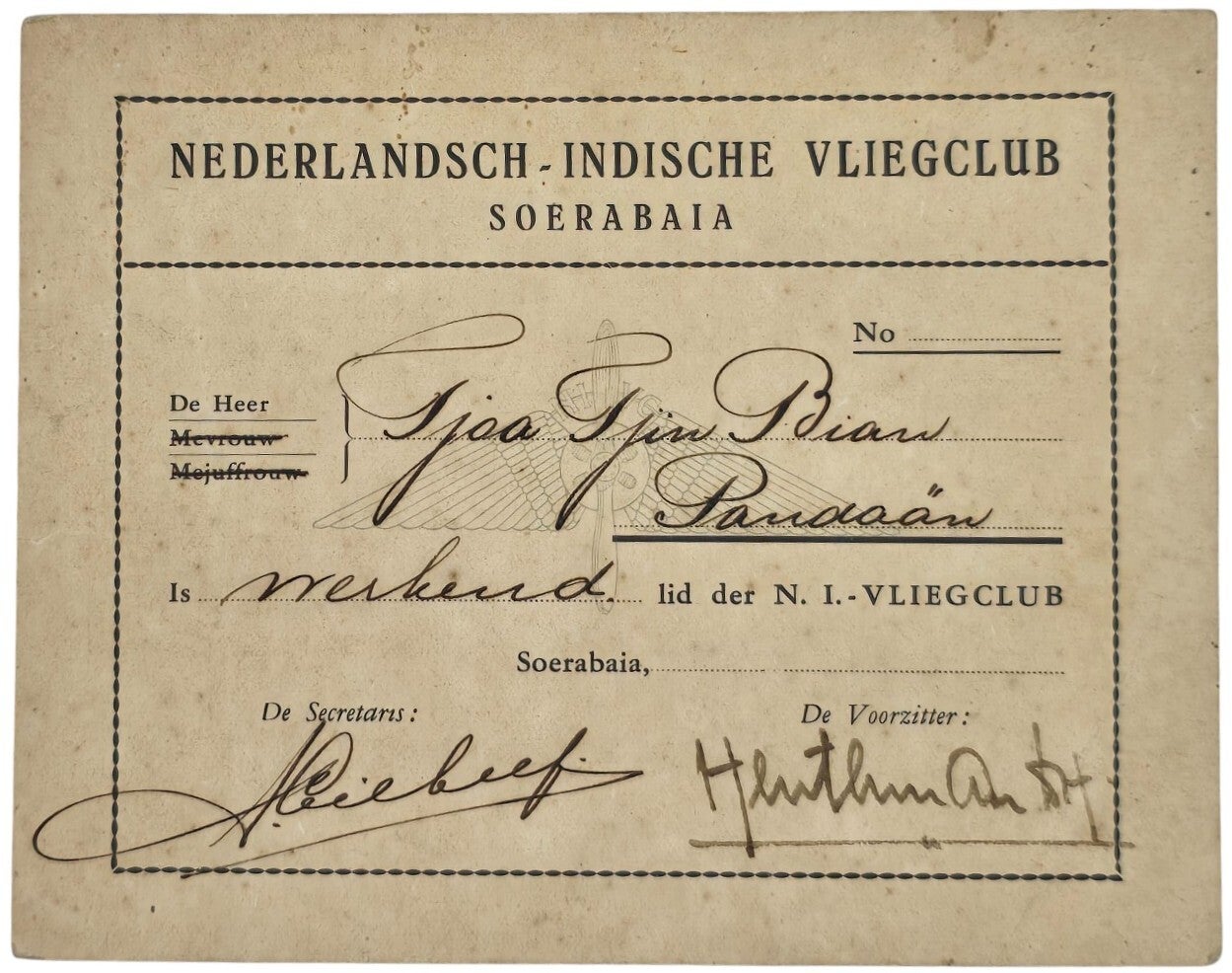 Document – Lidmaatschapsbewijs Nederlandsch-Indische Vliegclub Soerabaia (ca. 1930)