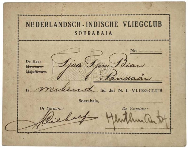 Document – Lidmaatschapsbewijs Nederlandsch-Indische Vliegclub Soerabaia (ca. 1930)