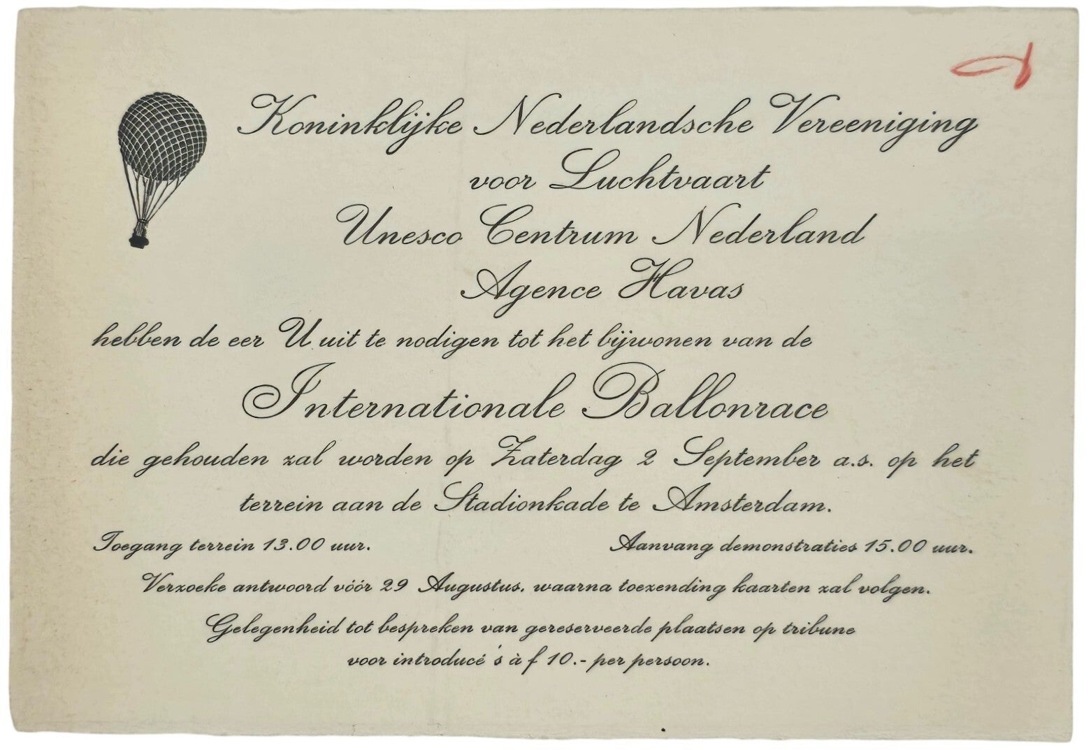 Document – Uitnodiging Internationale Ballonrace, Unesco Centrum Nederland (1933)