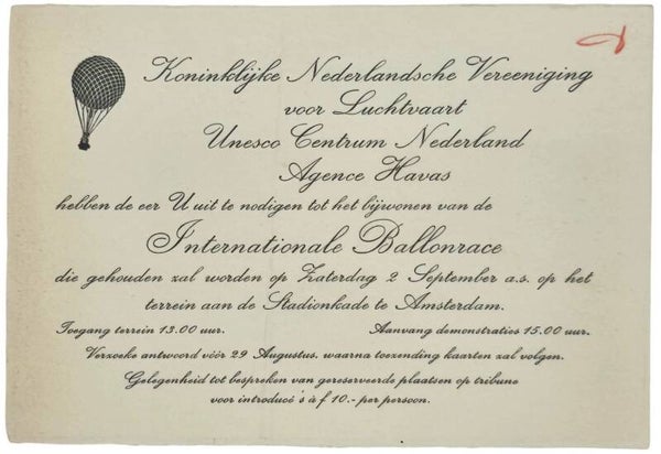 Document – Uitnodiging Internationale Ballonrace, Unesco Centrum Nederland (1933)