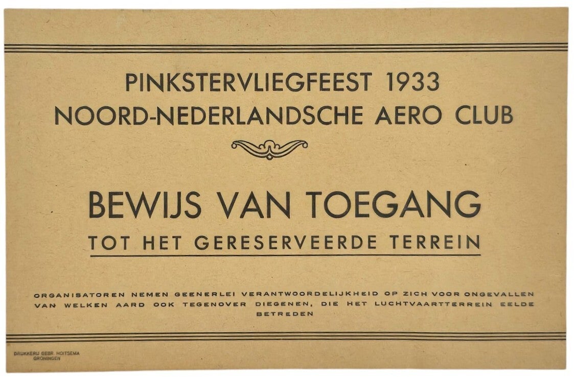 Document – Bewijs van toegang Noord-Nederlandche Aero Club Pinkstervliegfeest (1933)