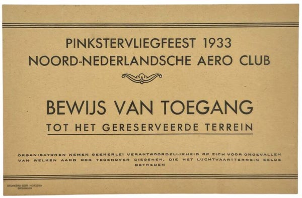 Document – Bewijs van toegang Noord-Nederlandche Aero Club Pinkstervliegfeest (1933)