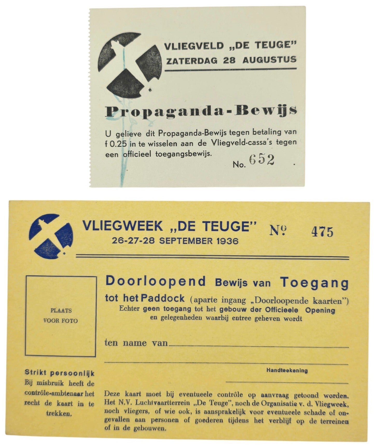 Document – Bewijs van toegang Vliegweek De Teuge (1936)