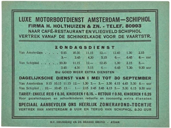 Flyer – Luxe motorbootdienst Amsterdam–Schiphol (1930)