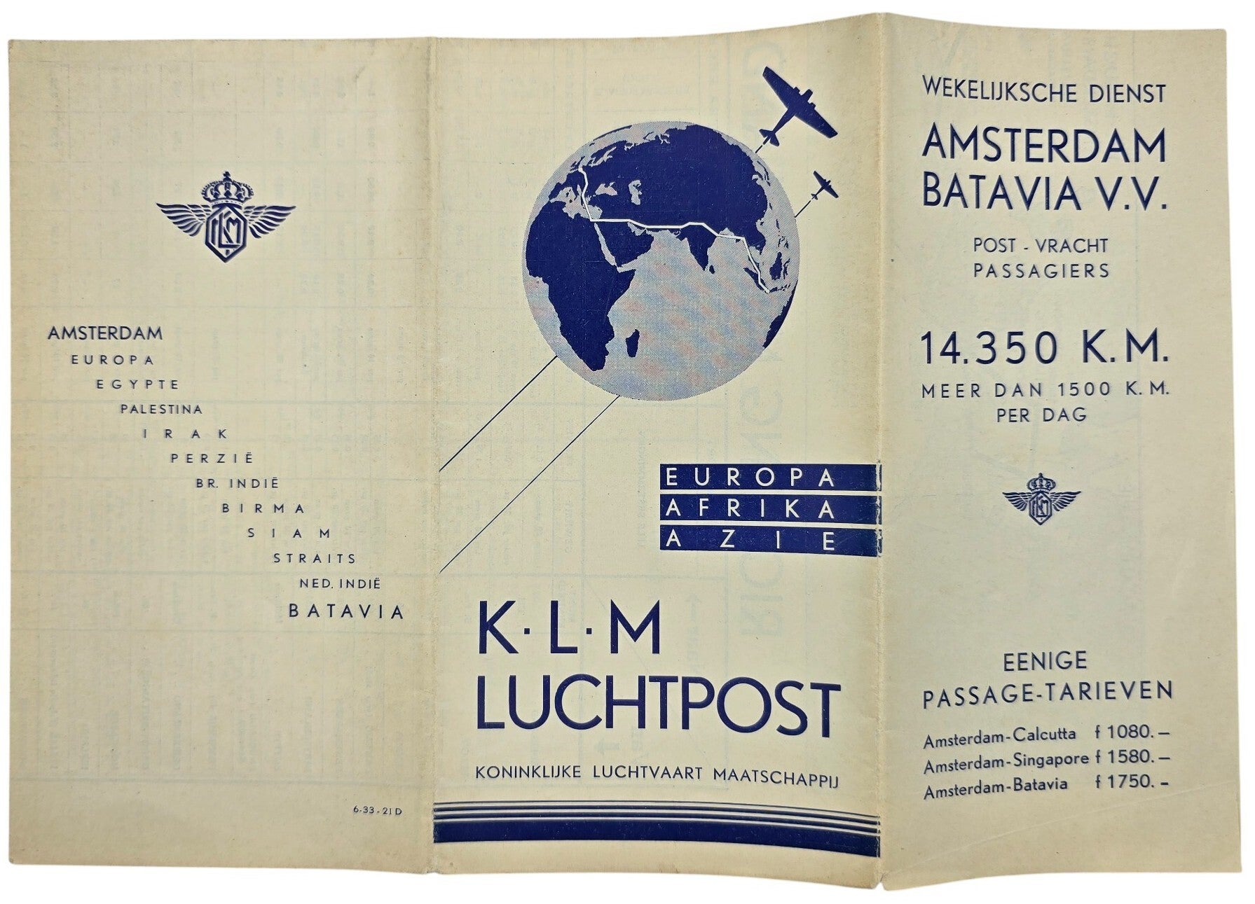 Flyer – KLM Luchtpost, Passage Tarieven (1933)