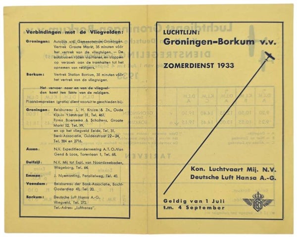 Flyer – Luchtlijn Groningen–Borkum Zomerdienst Juli September (1933)
