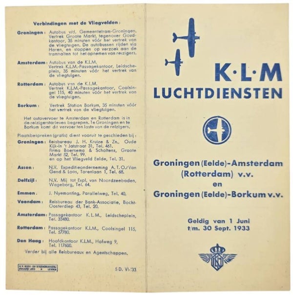 Flyer – KLM Luchtdiensten Groningen Amsterdam Borkum (1933)