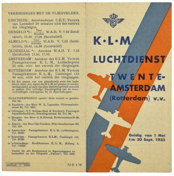 Flyer – KLM Luchtdienst Twente–Amsterdam (1933)