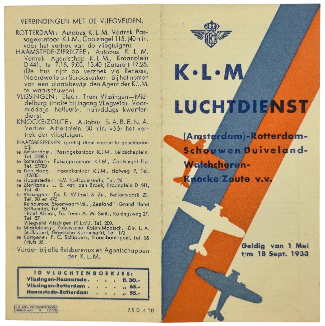 Flyer – KLM Luchtdienst Amsterdam Rottrdam Schouwen Duiveland Walcheren Knocke (1933)