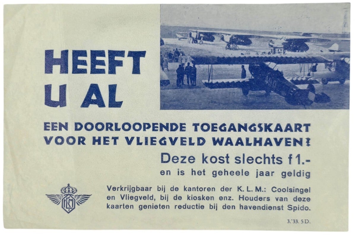 Flyer – Doorlopende toegangskaart Vliegveld Waalhaven (1933)