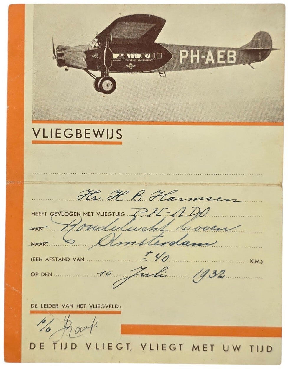 Document – Vliegbewijs Rondvlucht boven Amsterdam (1932)