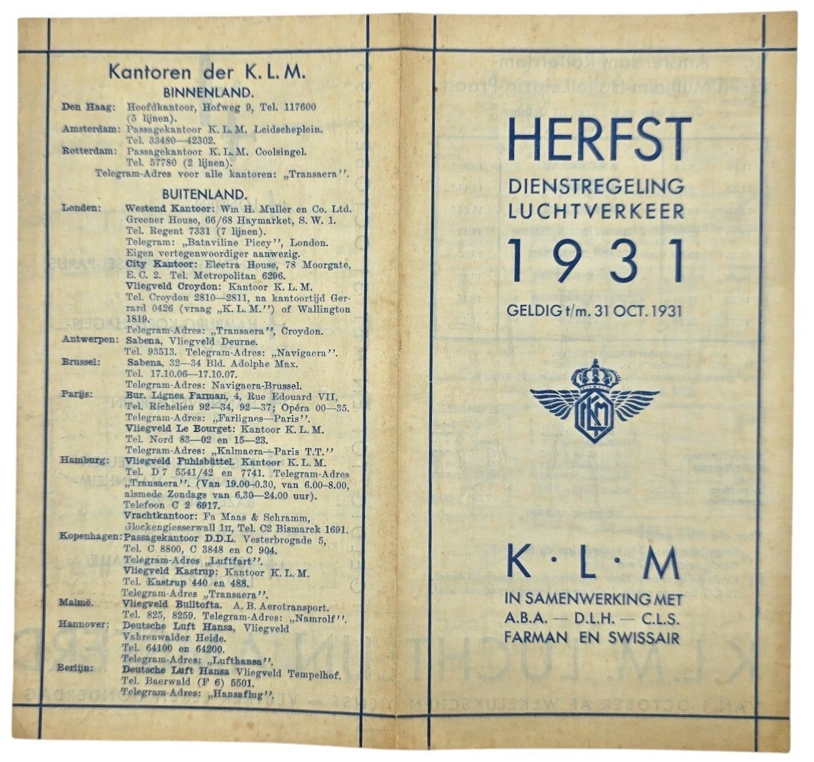 Flyer – KLM Herfst Dienstregeling Luchtverkeer (1931)