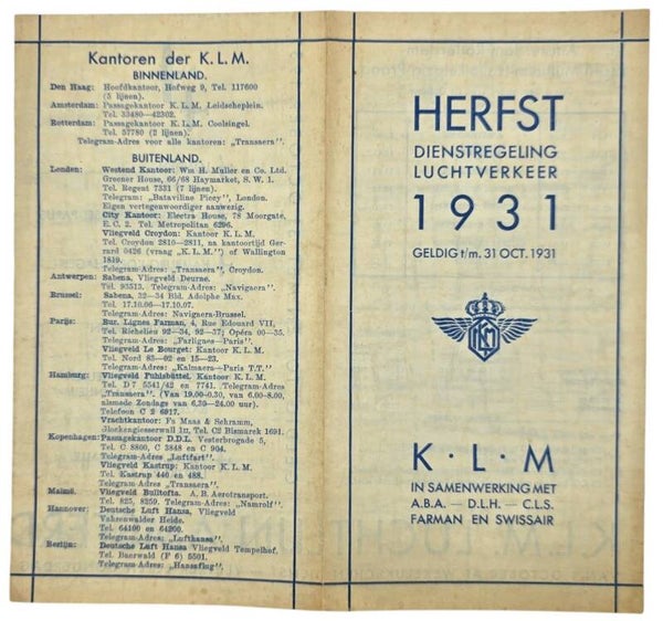 Flyer – KLM Herfst Dienstregeling Luchtverkeer (1931)