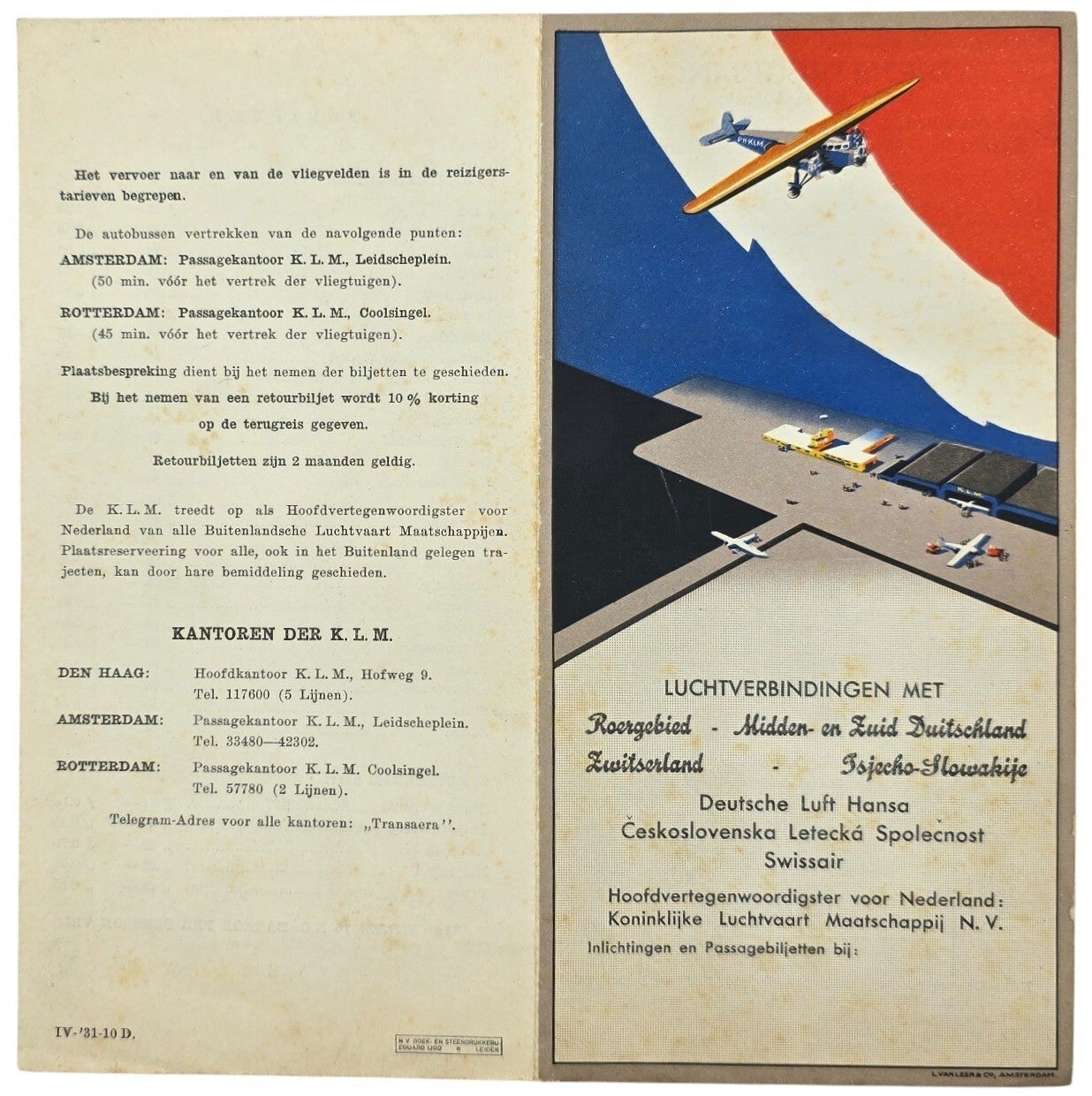 Flyer – KLM Luchtverbindingen met Roergebied, Midden- en Zuid Duitsland, Zwitserland en Tsjecho-Slowakije (1931)