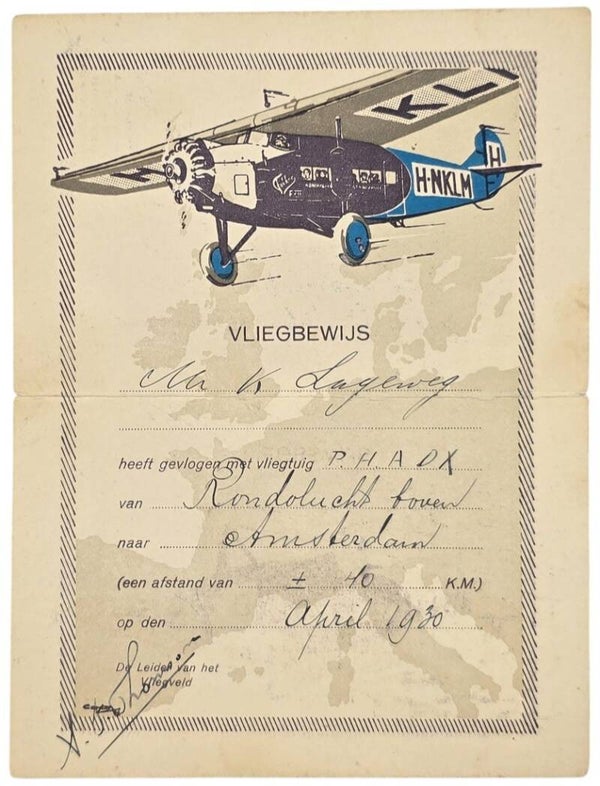 Document – KLM Vliegbewijs, Amsterdam (1930)