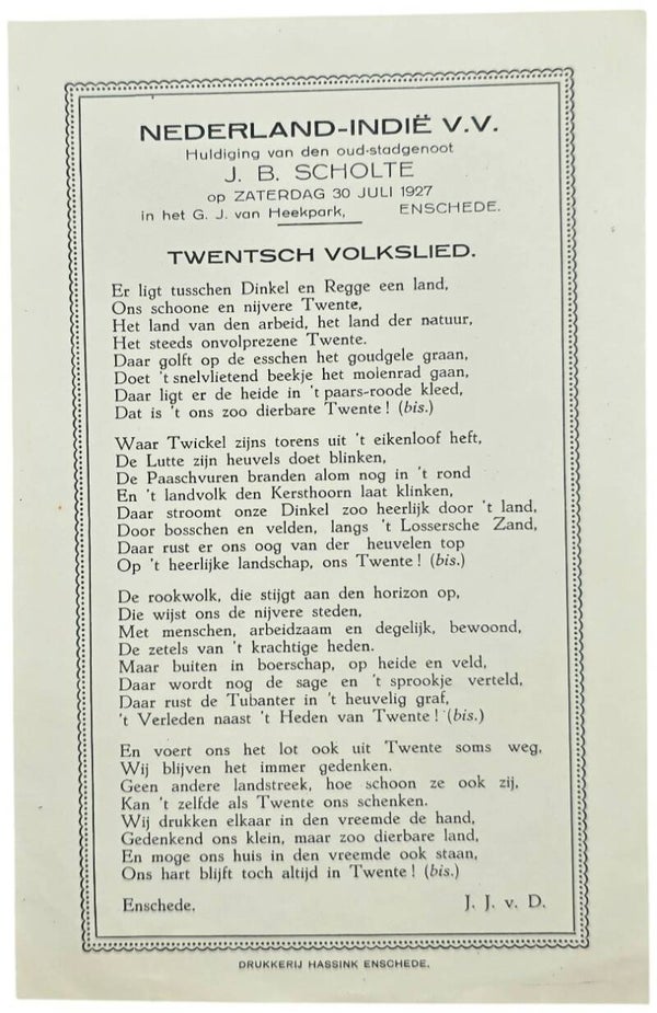 Document – Nederland-Indië V.V. huldiging J.B. Scholte, Twentsch Volkslied (1927)